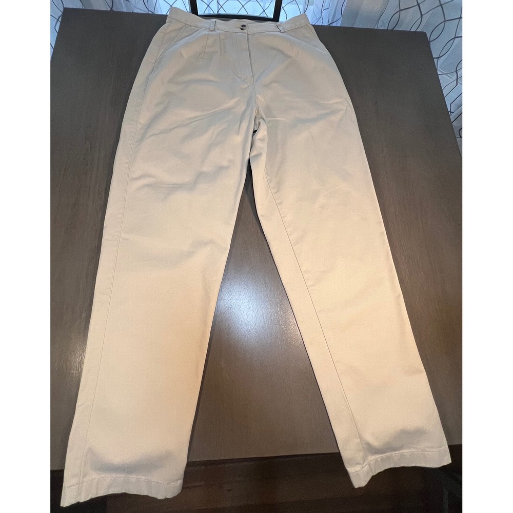 LL Bean Original Fit Khaki Chino Pants Tan Pleated High Rise Straight Leg 14 MT